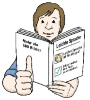 Eine Person mit einem Buch und Daumen hoch als Symbol für Leichte Sprache