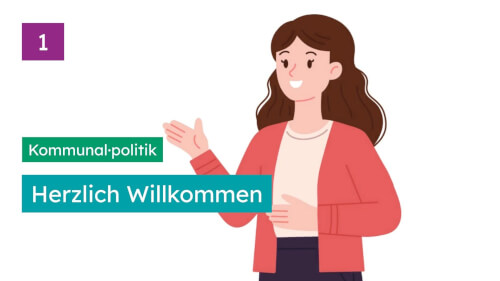 Illustration einer Frau mit langen braunen Haaren, die eine rote Strickjacke tr&auml;gt, l&auml;chelt und gestikuliert. Der Text auf Deutsch lautet Kommunalpolitik und Herzlich Willkommen.