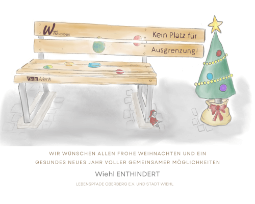 2 Zwei Holzbänke, eine mit der Aufschrift Kein Platz für Ausgrenzung! (Kein Platz für Ausgrenzung!), stehen neben einem geschmückten Weihnachtsbaum. Der Text darunter wünscht ein frohes Weihnachtsfest und ein gesundes neues Jahr.