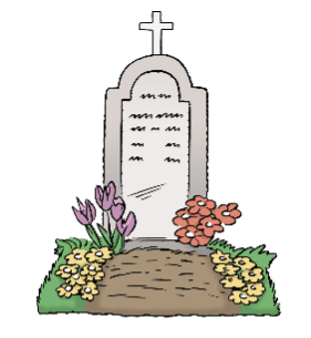 Headerfoto 1 Illustration eines Grabsteins mit unleserlichem Text, umgeben von grünem Gras und bunten Blumen, die eine Grabstätte markieren.